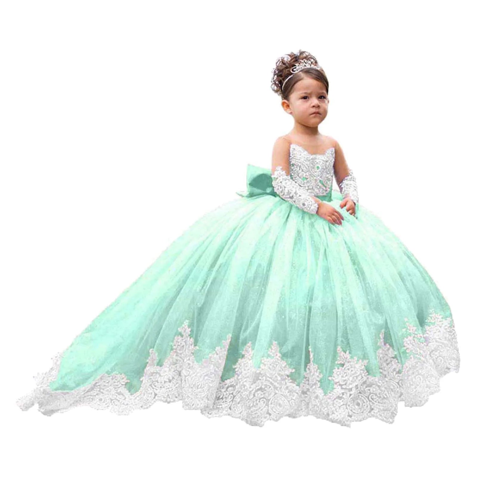 Elegant White Lace Wedding Party Dresses for Girls Full Sleeves Princess Flower Girl Dress With Bow Custom Kids Birthday Gowns