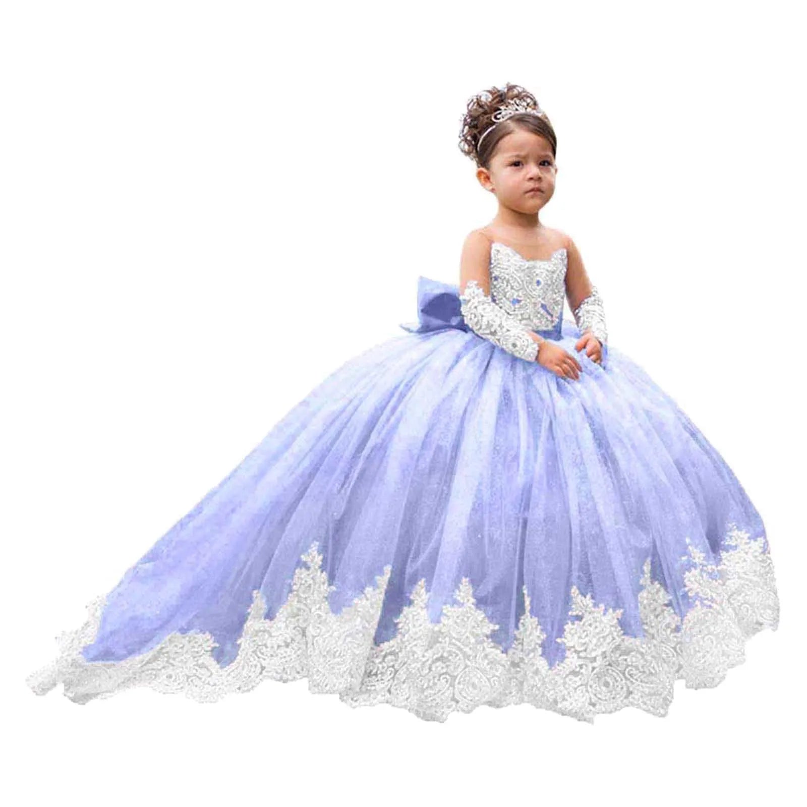 Elegant White Lace Wedding Party Dresses for Girls Full Sleeves Princess Flower Girl Dress With Bow Custom Kids Birthday Gowns