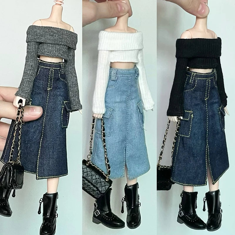 New Handmade Blythe Doll Clothes Off Shoulder Sweater Knit Tops and Split Denim Long Skirt Mini Dress for Blyth OB24 1/6 Dolls
