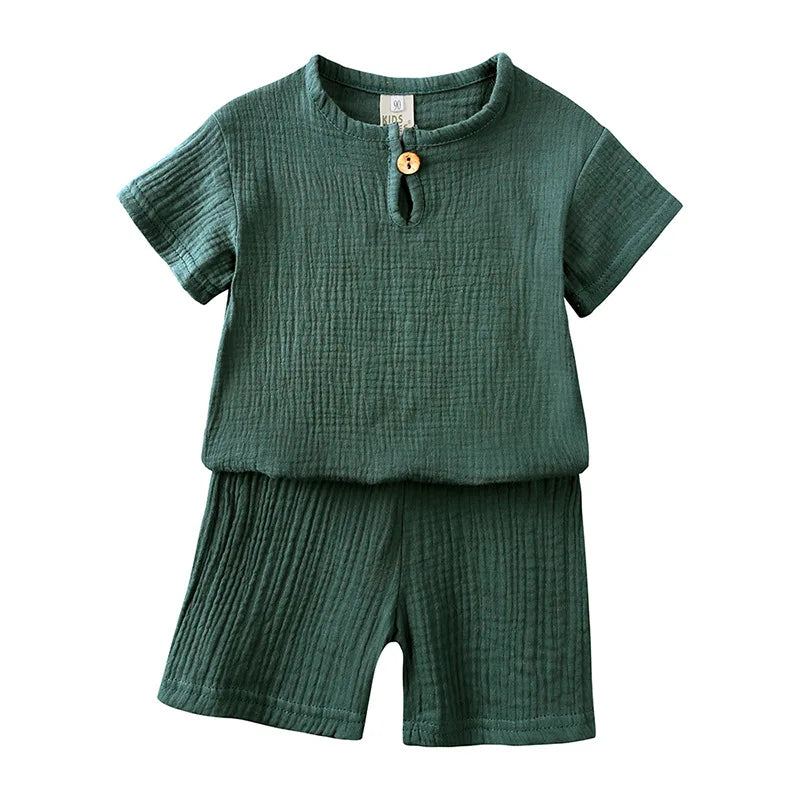 Summer Kids Pajamas Outfit Set Linen Cotton Infant Baby Boys Girls Homewear Suit Newborn T-Shirt+Shorts Children's Clothing