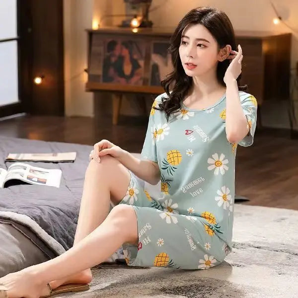 Korean Version Pajamas Women Summer Imitation Cotton Short Sleeve Capri Pants Home Wear Summer Casual Daily Cute Plus-size Suit