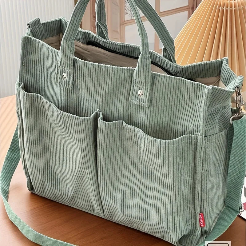 Corduroy Crossbody Tote Bag Stylish Commuter Shoulder Bag with Multiple Spacious Pockets Handbag for Women