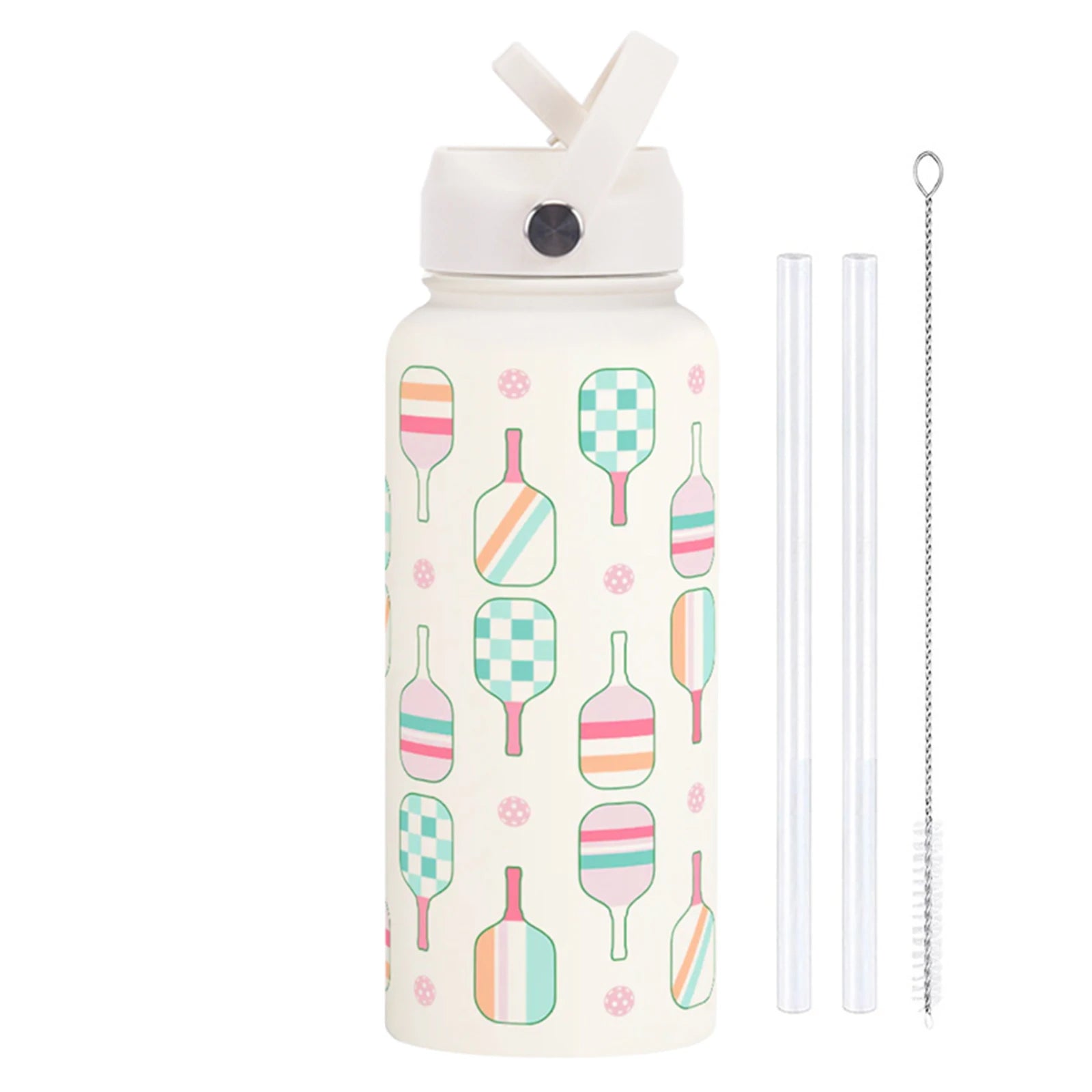 1L/32oz Stainless Steel Sports Insulated Water Bottle Portable Handle Insulated Cup with St Printed Wide Mouth Travel Mug