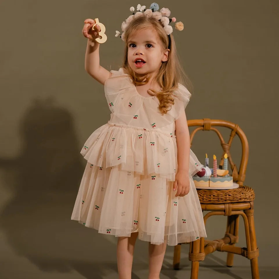 Summer KS Baby Girls Cherry Mesh Dress Kids Clothes Girls Princess Dresses Children Skirts Christmas Party Long Sleeve Vestidos