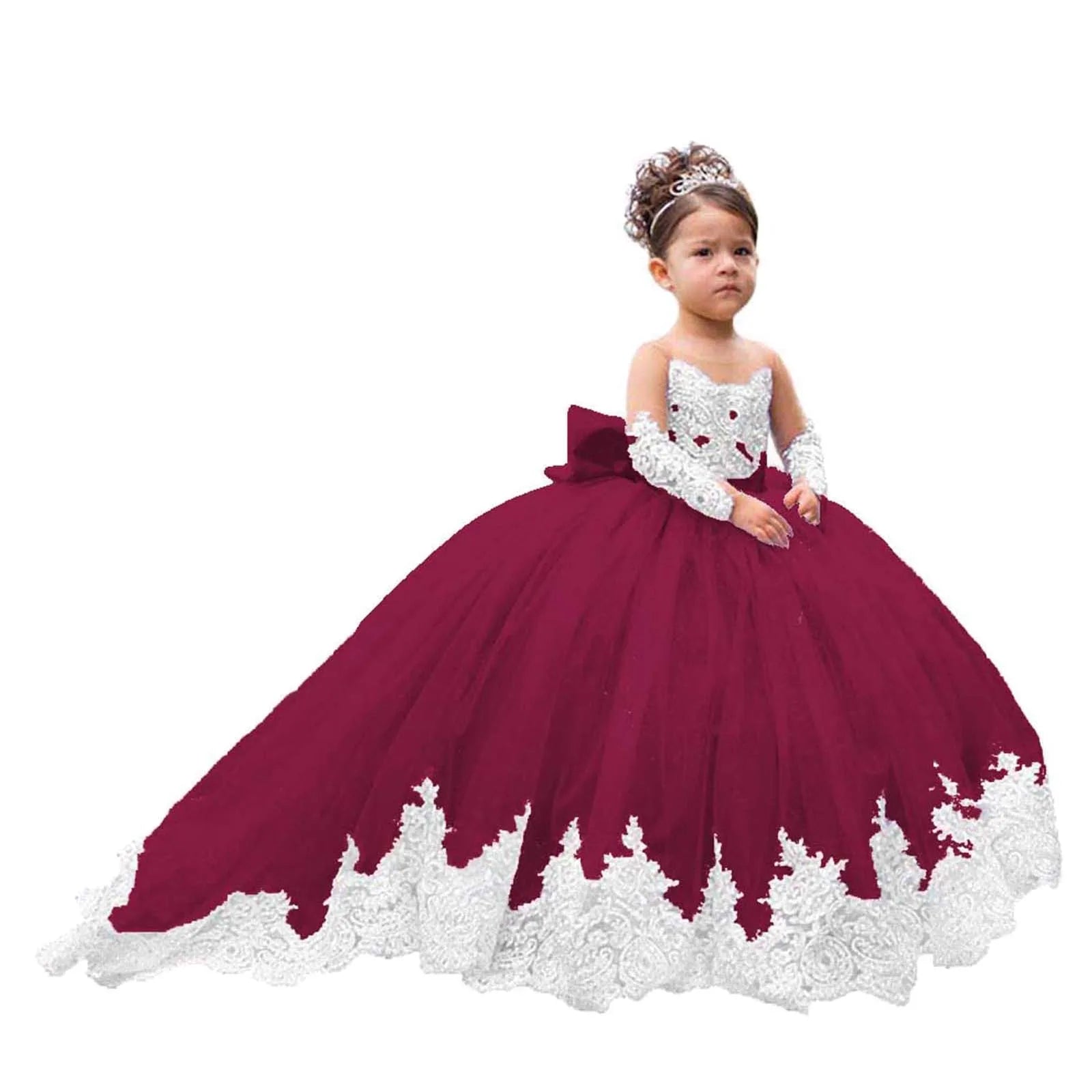 Elegant White Lace Wedding Party Dresses for Girls Full Sleeves Princess Flower Girl Dress With Bow Custom Kids Birthday Gowns