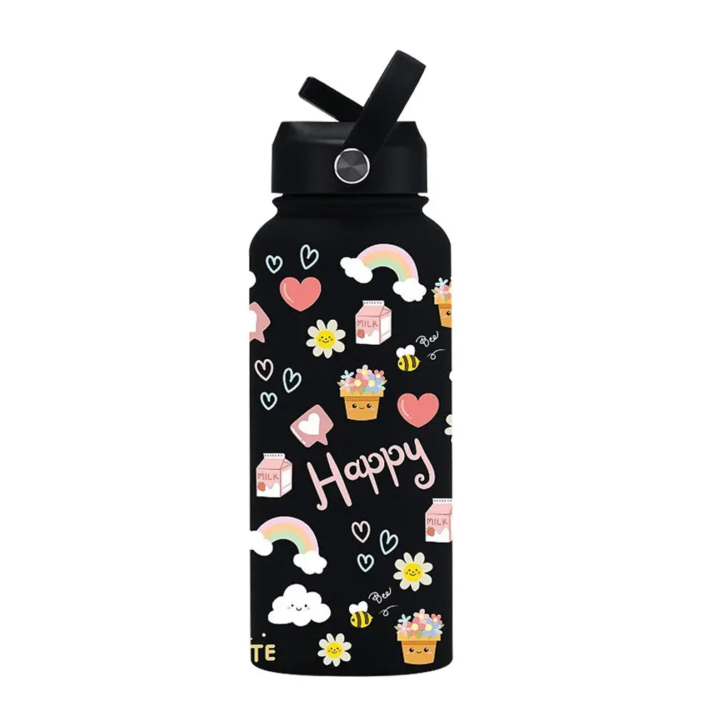 1L Capacity 1000ML Tumbler Printed Design With Straw Vacuum Bottle Large Capacity 304 Stainless Steel Stainless Steel Tumbler