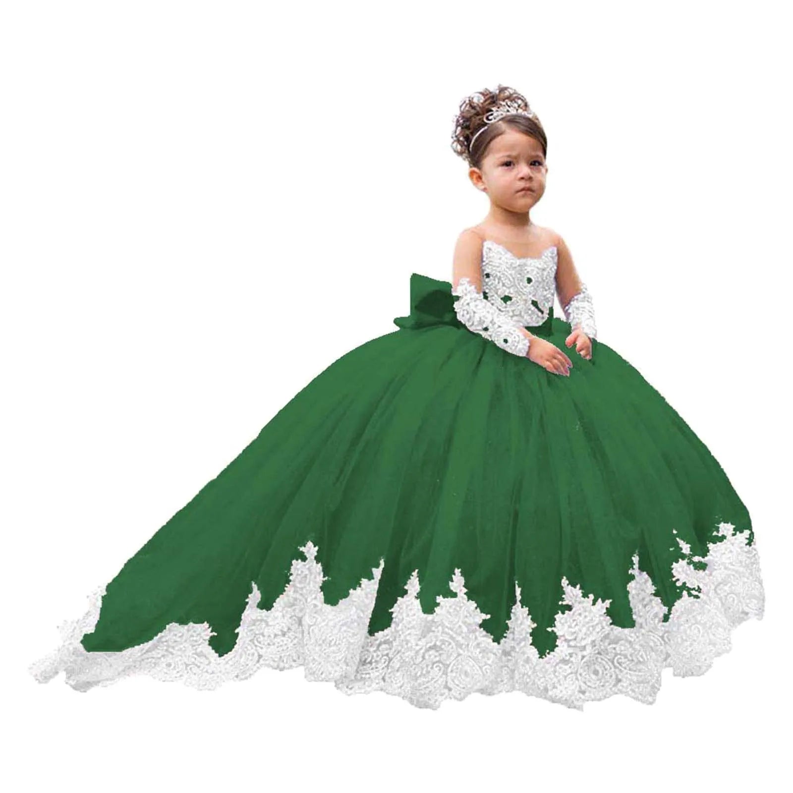 Elegant White Lace Wedding Party Dresses for Girls Full Sleeves Princess Flower Girl Dress With Bow Custom Kids Birthday Gowns