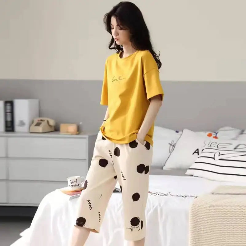 Korean Version Pajamas Women Summer Imitation Cotton Short Sleeve Capri Pants Home Wear Summer Casual Daily Cute Plus-size Suit