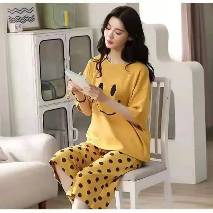 Korean Version Pajamas Women Summer Imitation Cotton Short Sleeve Capri Pants Home Wear Summer Casual Daily Cute Plus-size Suit