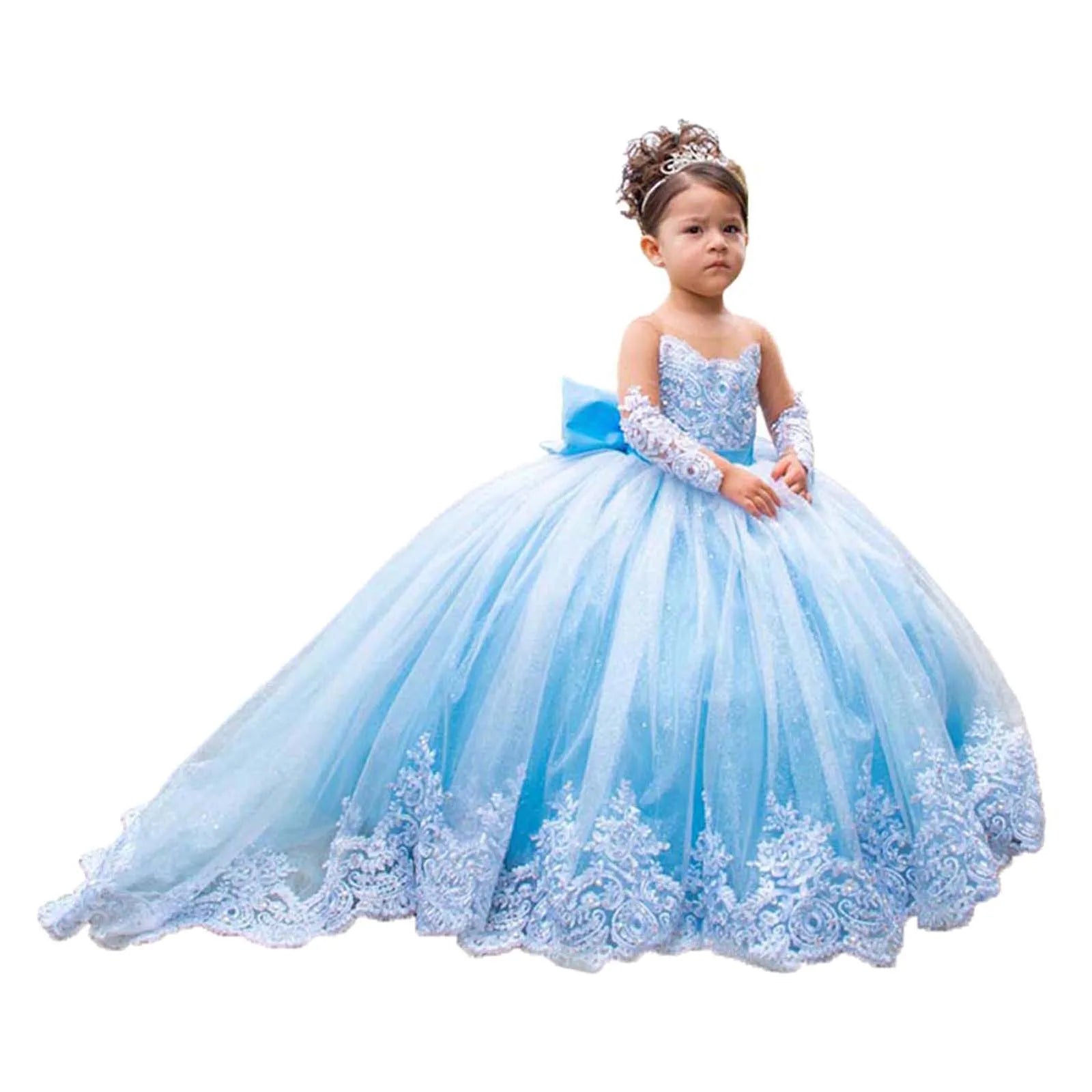 Elegant White Lace Wedding Party Dresses for Girls Full Sleeves Princess Flower Girl Dress With Bow Custom Kids Birthday Gowns
