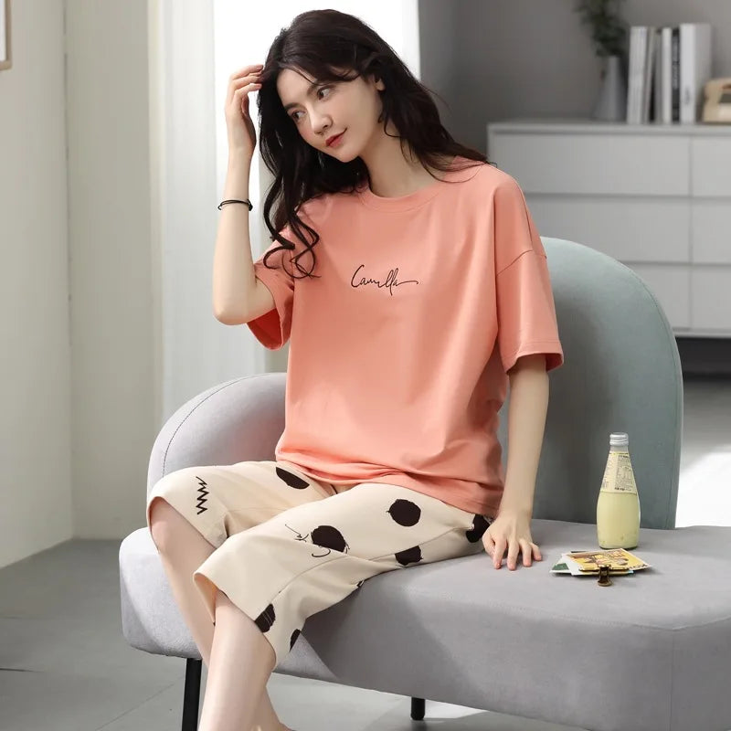 Korean Version Pajamas Women Summer Imitation Cotton Short Sleeve Capri Pants Home Wear Summer Casual Daily Cute Plus-size Suit