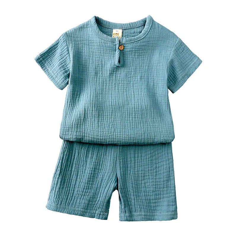 Summer Kids Pajamas Outfit Set Linen Cotton Infant Baby Boys Girls Homewear Suit Newborn T-Shirt+Shorts Children's Clothing