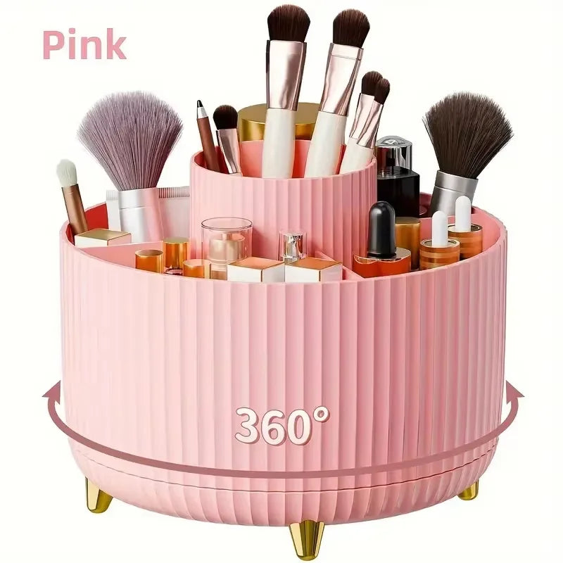 360° Rotating Makeup Organizer Multi-Functional Cosmetic Storage Brush Holder Jewelry Case with 5 Compartments for Vanity Desk