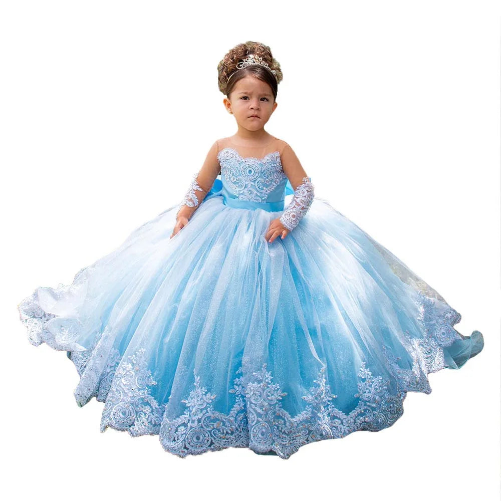 Elegant White Lace Wedding Party Dresses for Girls Full Sleeves Princess Flower Girl Dress With Bow Custom Kids Birthday Gowns