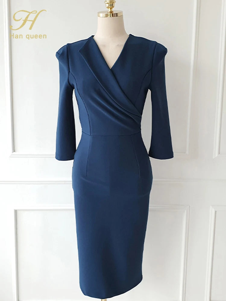 H Han Queen Summer Elegant Fashion V-Neck Slim Vintage Pencil Dress Womens Simple Bodycon Office Dresses Casual Party Vestidos