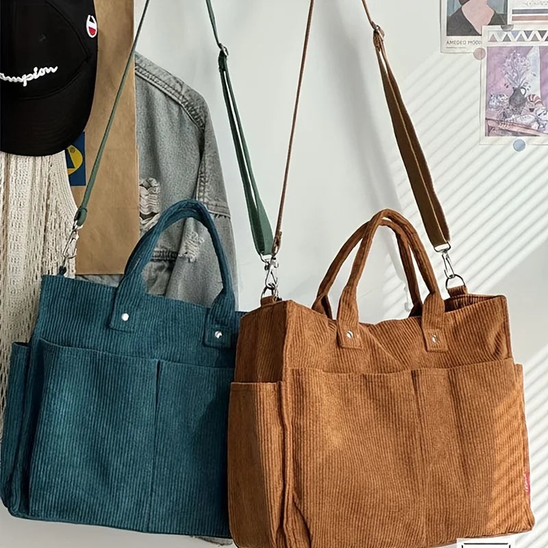 Corduroy Crossbody Tote Bag Stylish Commuter Shoulder Bag with Multiple Spacious Pockets Handbag for Women