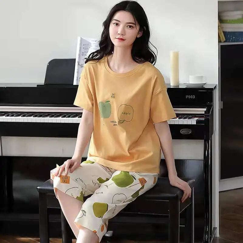 Korean Version Pajamas Women Summer Imitation Cotton Short Sleeve Capri Pants Home Wear Summer Casual Daily Cute Plus-size Suit