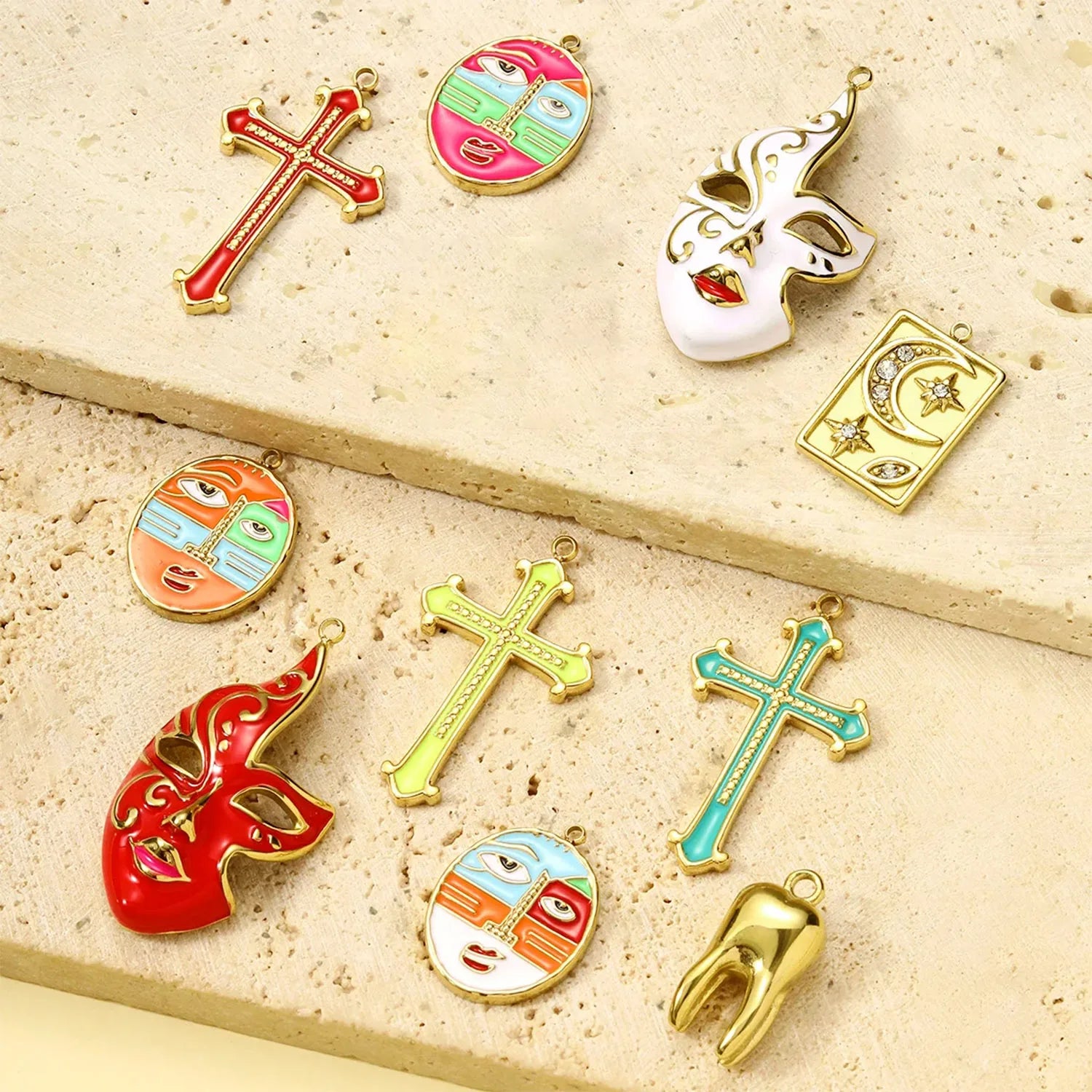 3pcs/Lot Cross Human Face Mask Stainless Steel Horseshoe teeth Pendants for Women DIY Jewelry Necklace Making Charms