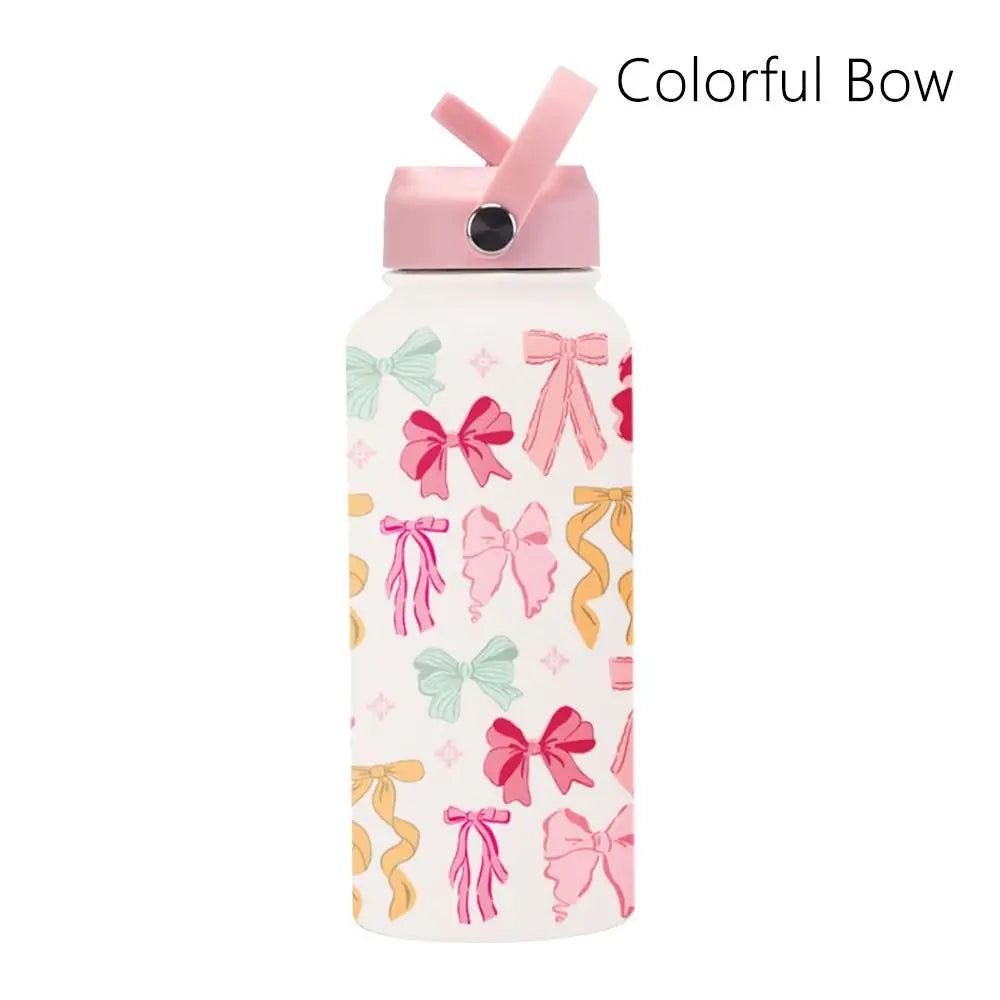 1L Capacity 1000ML Tumbler Printed Design With Straw Vacuum Bottle Large Capacity 304 Stainless Steel Stainless Steel Tumbler