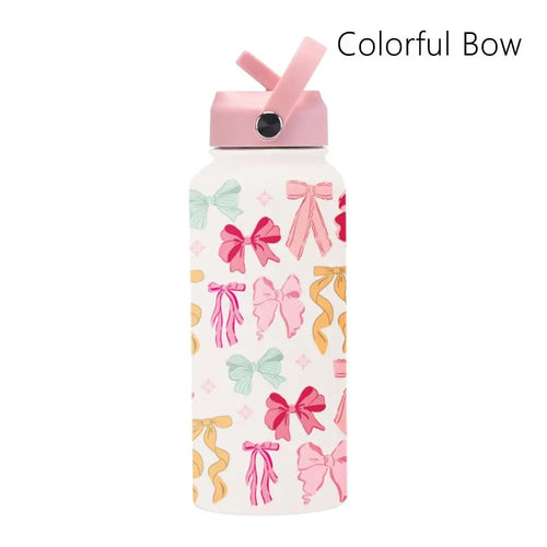 1L Capacity 1000ML Tumbler Printed Design With Straw Vacuum Bottle Large Capacity 304 Stainless Steel Stainless Steel Tumbler