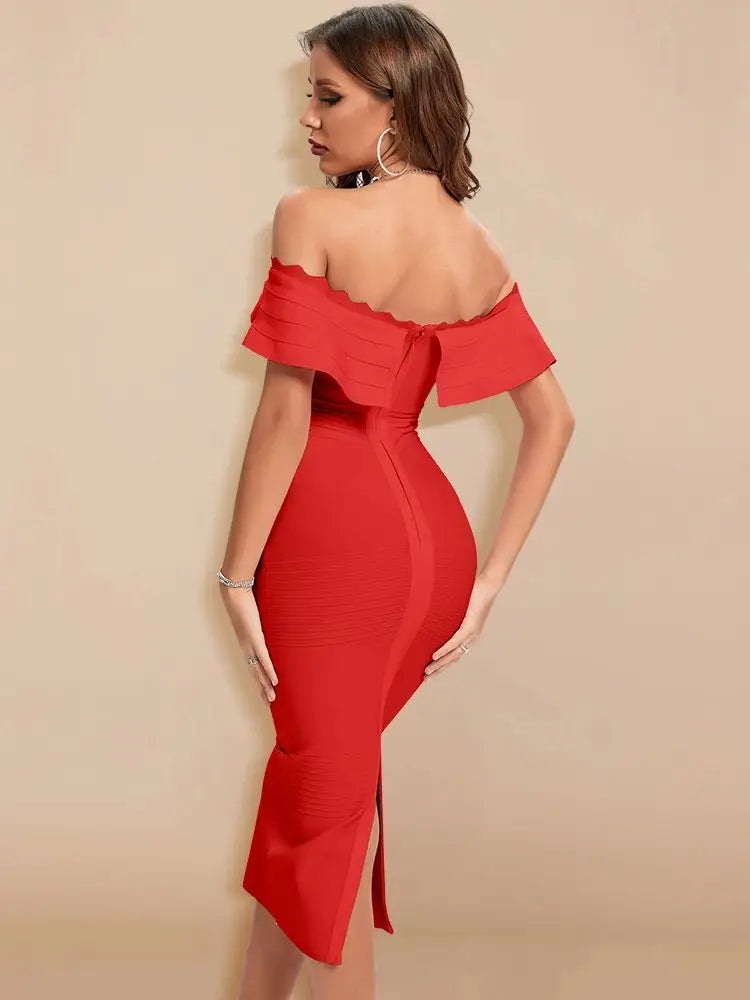 BEAUKEY Elegant Women Luxury Red Evening Wedding Bandage Dress Ruffles Split Bodycon Dress XL Celebrity Vestidos Party Maxi