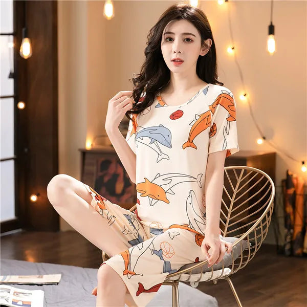 Korean Version Pajamas Women Summer Imitation Cotton Short Sleeve Capri Pants Home Wear Summer Casual Daily Cute Plus-size Suit