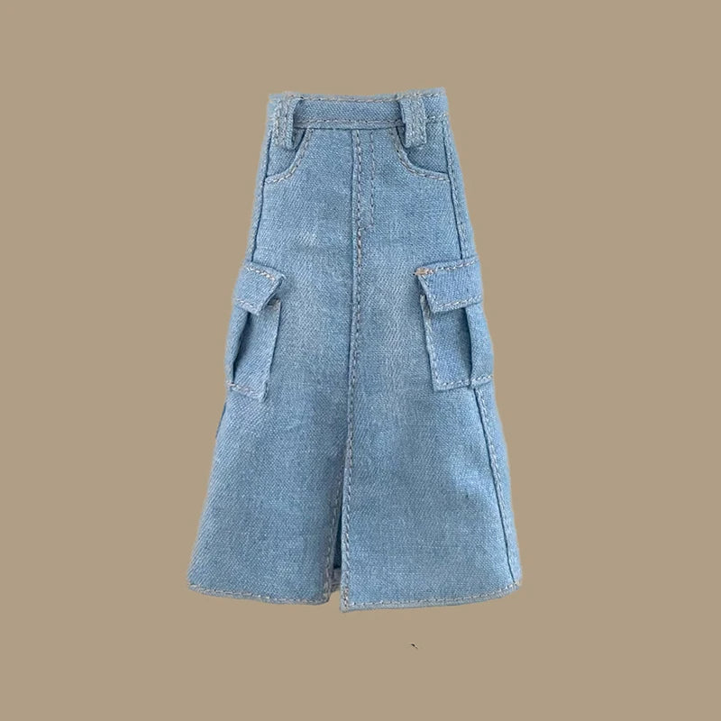 New Handmade Blythe Doll Clothes Off Shoulder Sweater Knit Tops and Split Denim Long Skirt Mini Dress for Blyth OB24 1/6 Dolls