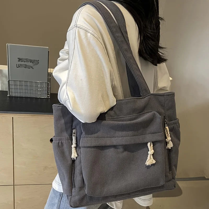 Travel Master Corduroy Shoulder Bag Casual Solid Color with Multiple Pocket Tote Bag For Women