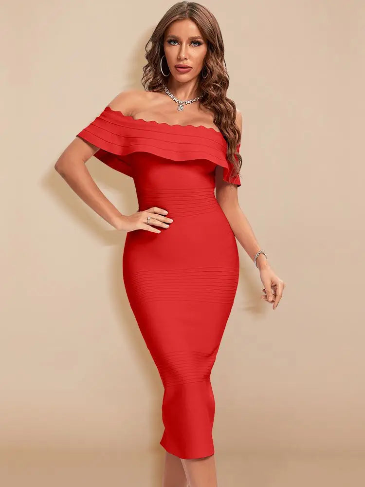 BEAUKEY Elegant Women Luxury Red Evening Wedding Bandage Dress Ruffles Split Bodycon Dress XL Celebrity Vestidos Party Maxi