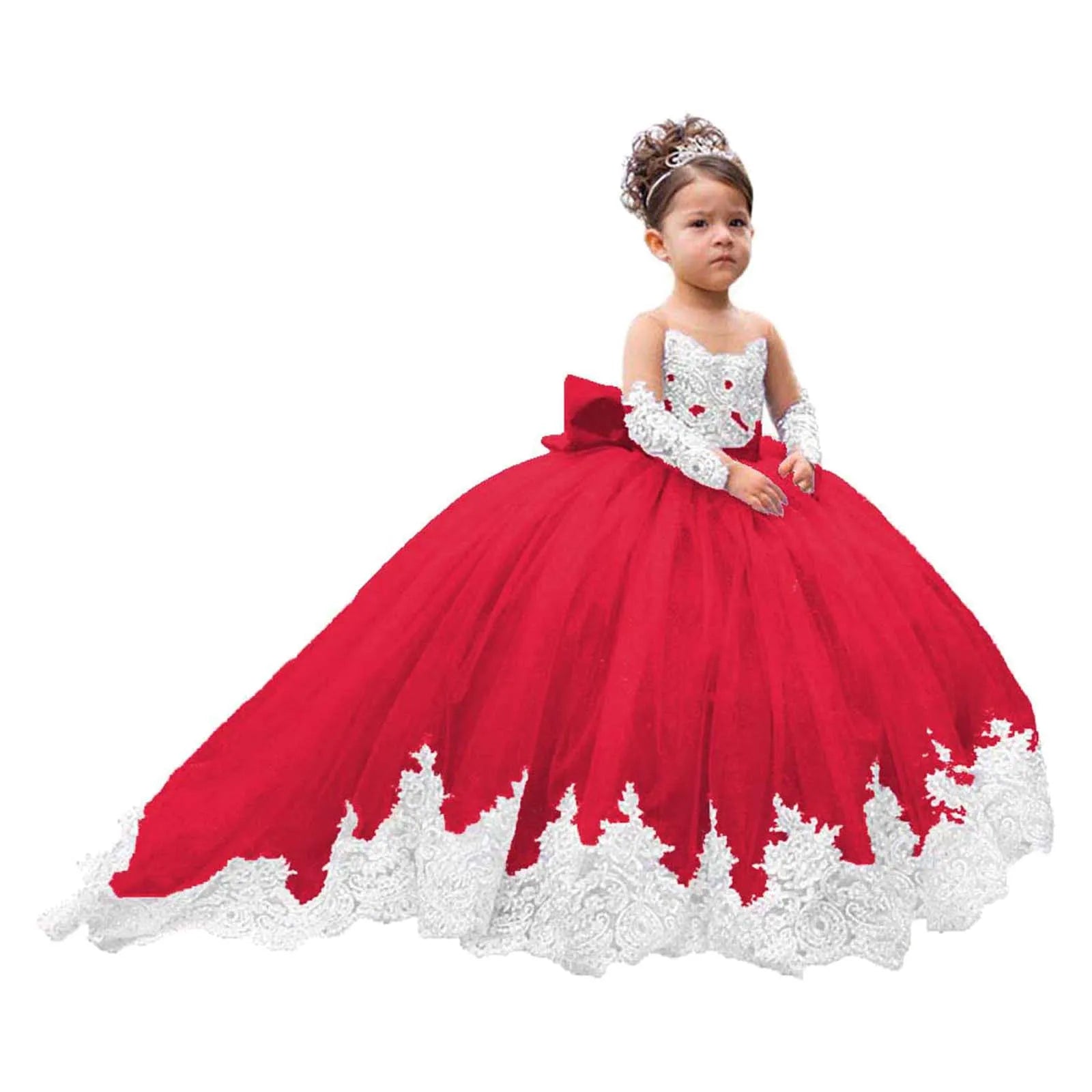 Elegant White Lace Wedding Party Dresses for Girls Full Sleeves Princess Flower Girl Dress With Bow Custom Kids Birthday Gowns